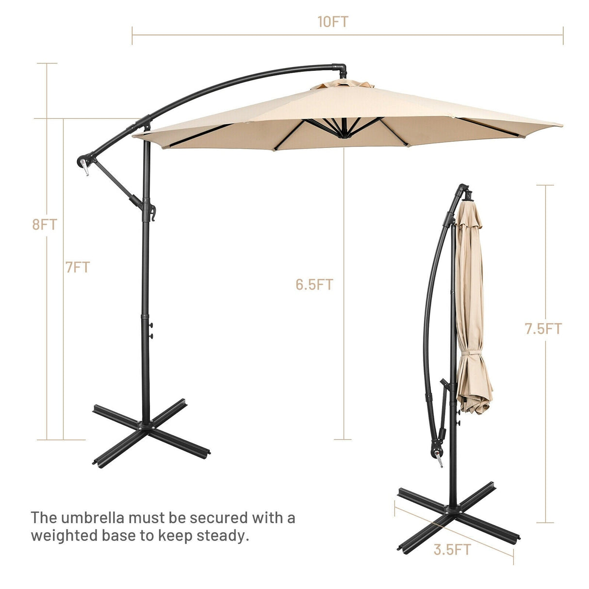 10 Feet Offset Umbrella with 8 Ribs Cantilever and Cross Base-Beige by DirectDeals