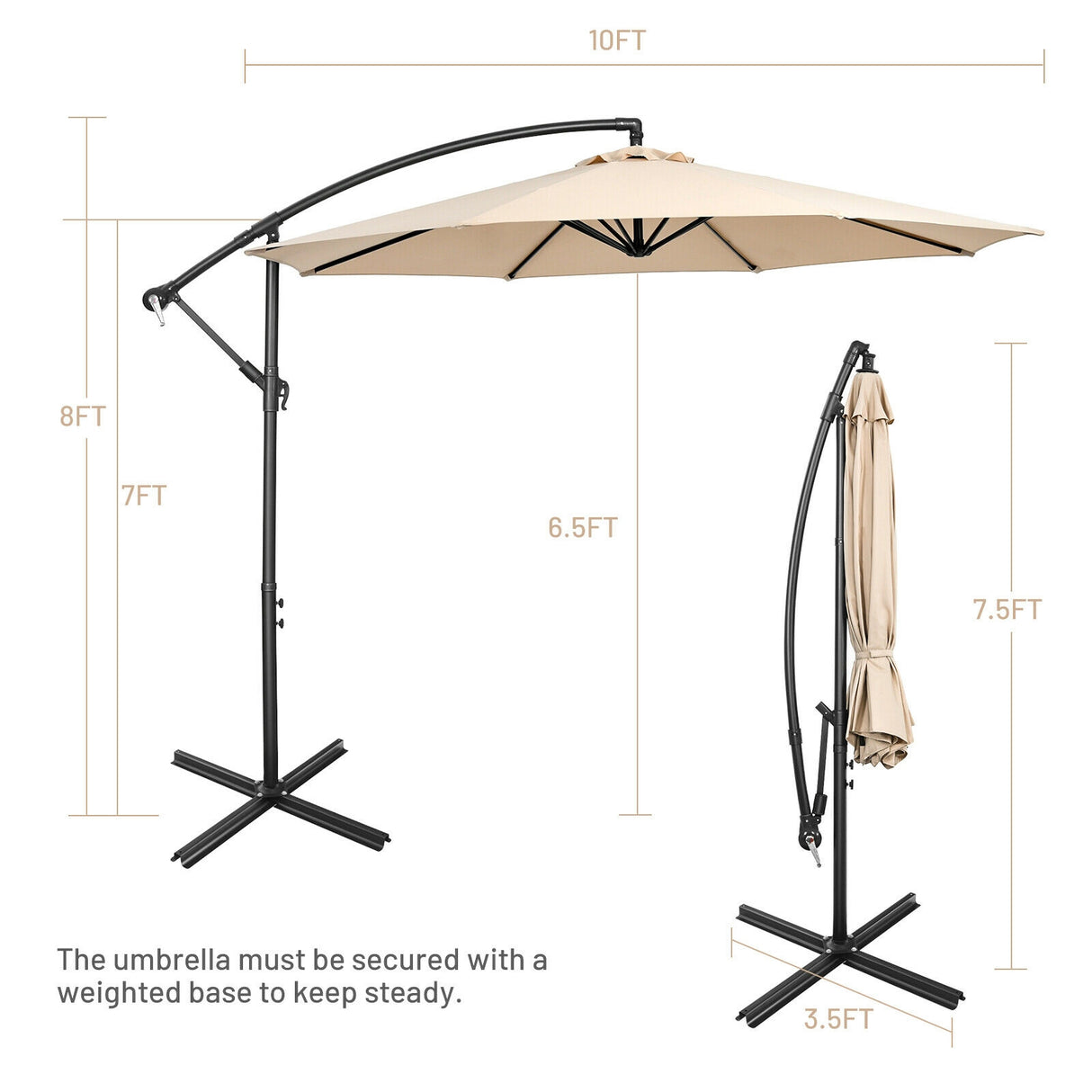 10 Feet Offset Umbrella with 8 Ribs Cantilever and Cross Base-Brown