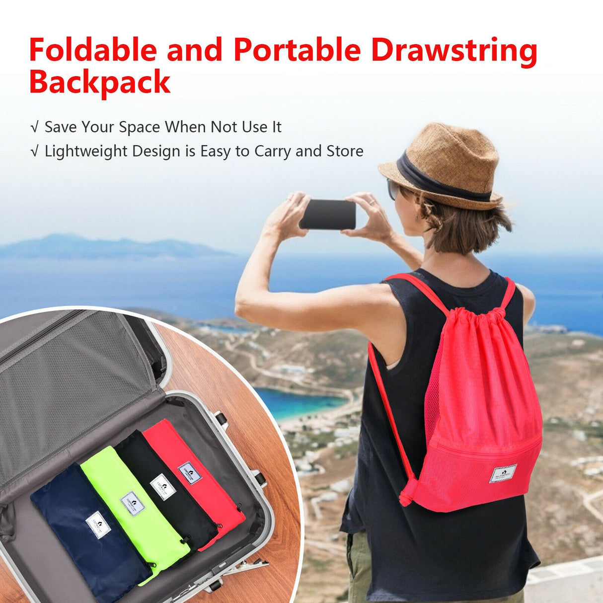Drawstring Backpack String Bag Foldable Sports Sack with Zipper Pocket-Black