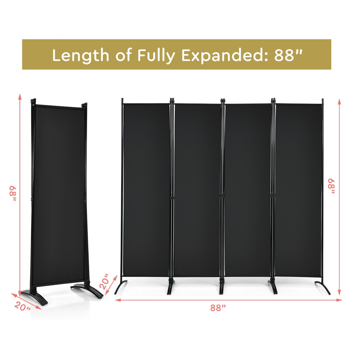 4-Panel Room Divider with Steel Frame-Black