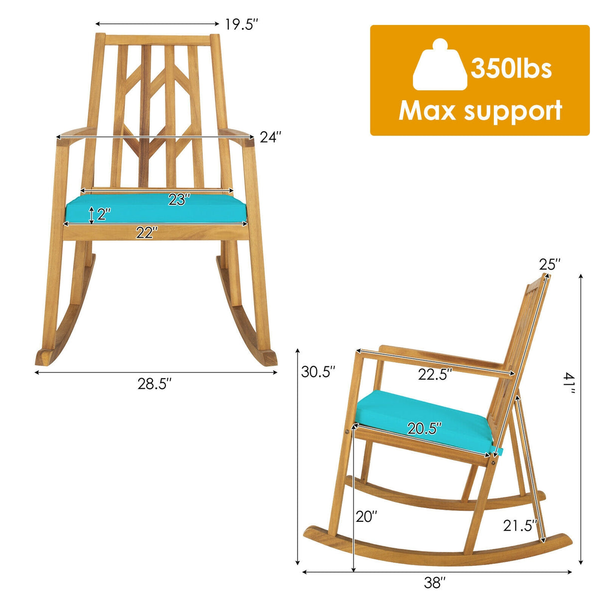 Patio Acacia Wood Rocking Chair Sofa with Armrest and Cushion for Garden and Deck-Red