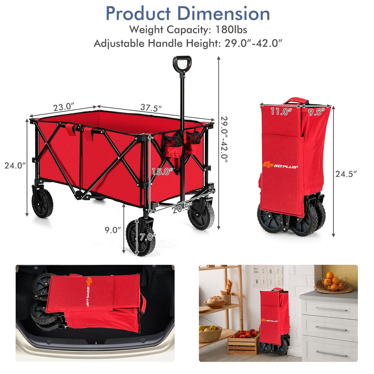 Outdoor Folding Wagon Cart with Adjustable Handle and Universal Wheels-Gray
