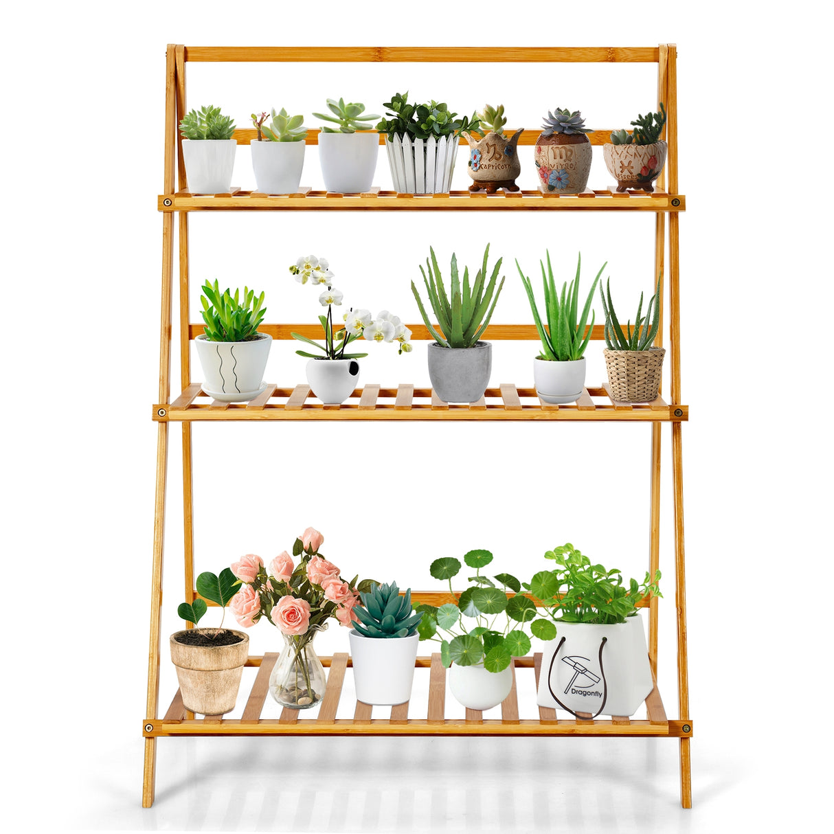 3-Tier Bamboo Foldable Plant Stand with Display Shelf Rack-Natural