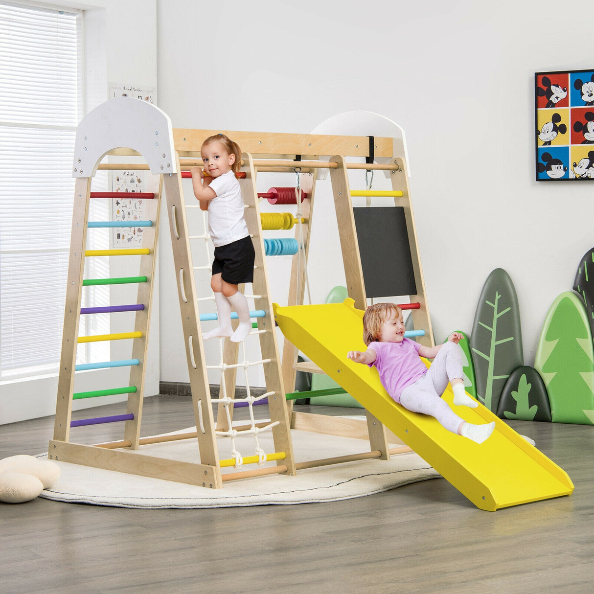 Indoor Playground Climbing Gym Wooden 8-in-1 Climber Playset for Children-Natural