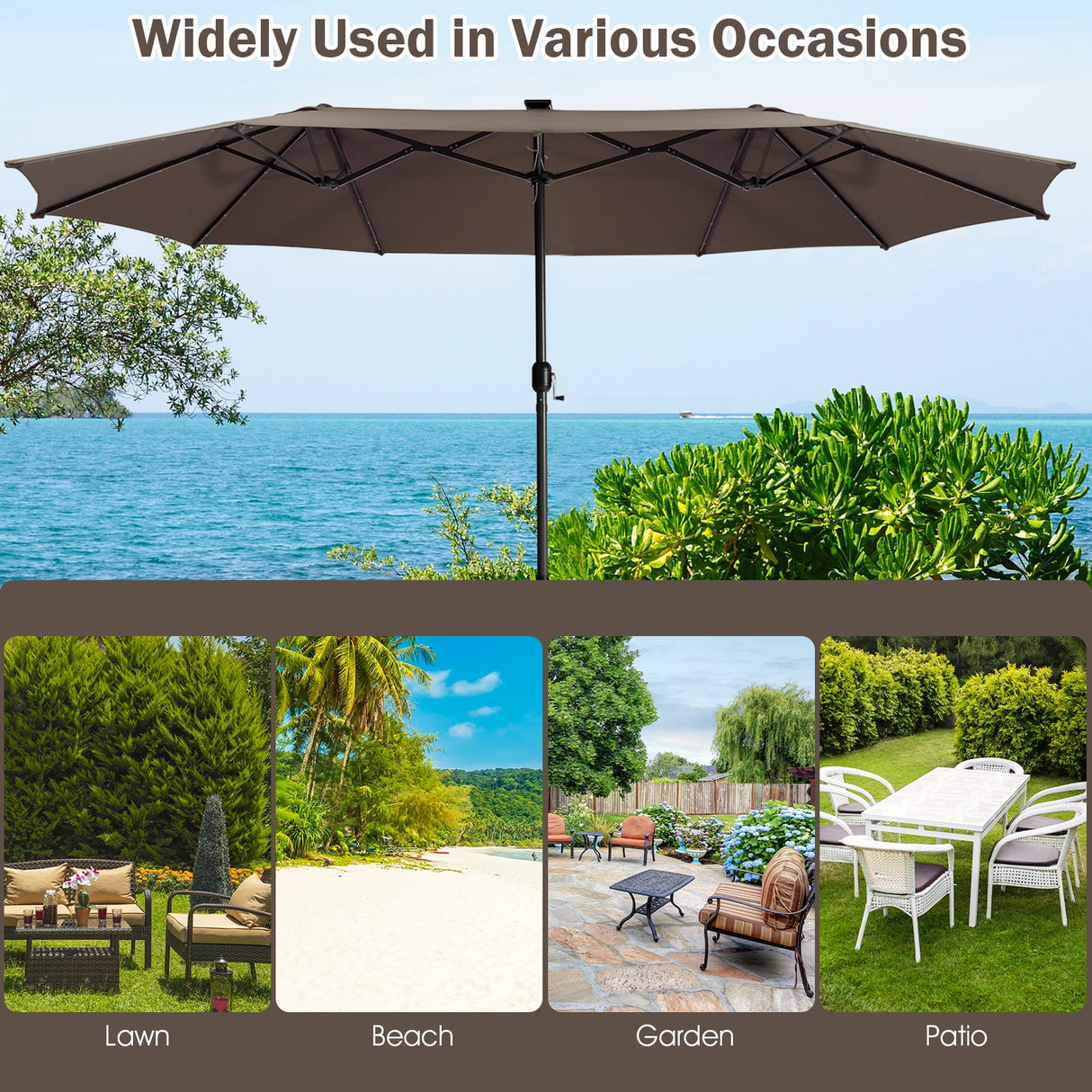 15 Feet Twin Patio Umbrella with 48 Solar LED Lights-Beige
