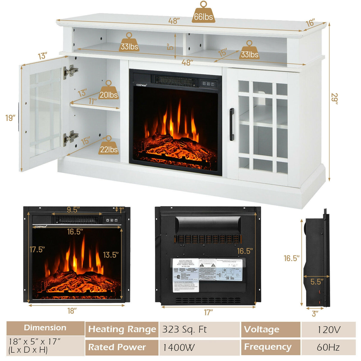 48 Inch Electric Fireplace TV Stand with Cabinets for TVs Up to 55 Inch-Black