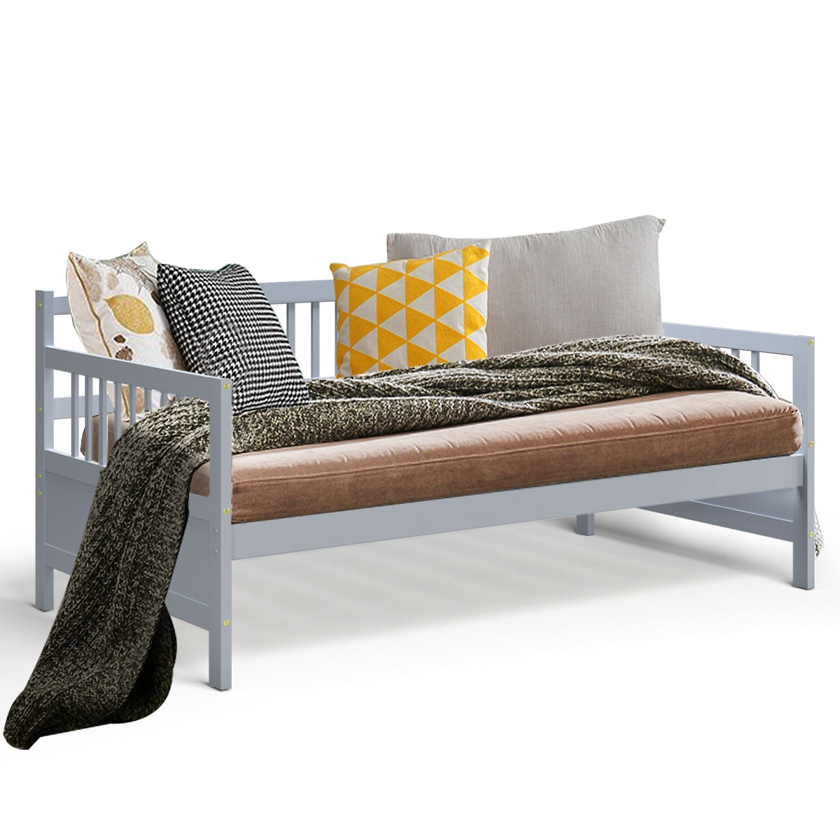 Twin Size Wooden Slats Daybed Bed with Rails-Cherry