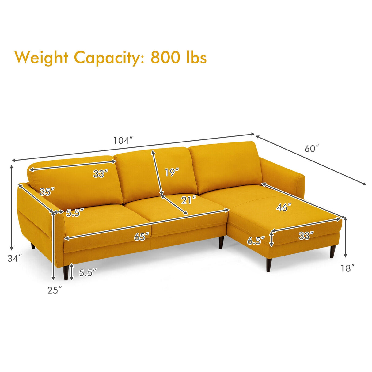 L-Shaped Fabric Sectional Sofa with Chaise Lounge and Solid Wood Legs-Navy