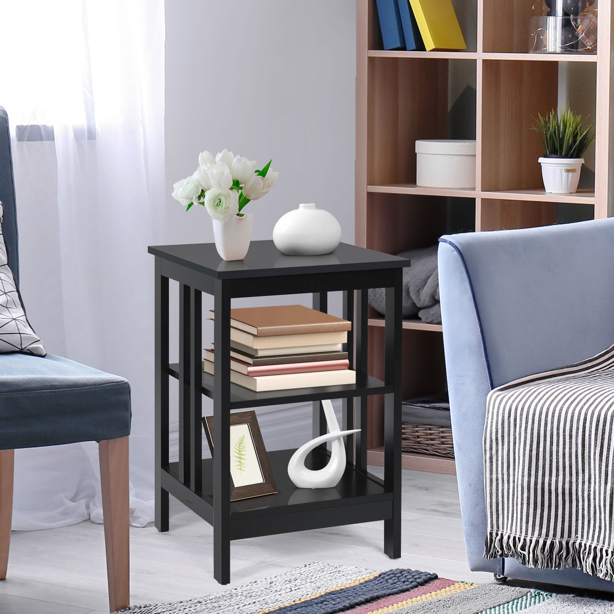 3-Tier Nightstand Sofa Side Table with Baffles and Round Corners-Black