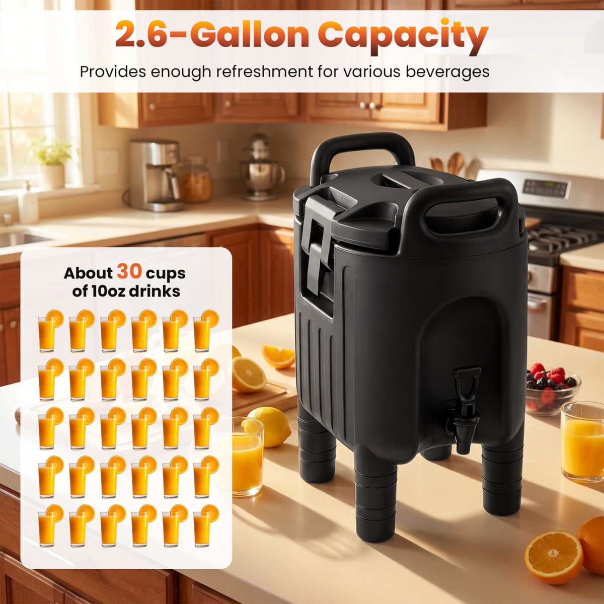 2.6 Gal Insulated Beverage Dispensers Set of 4 with Handles-Black