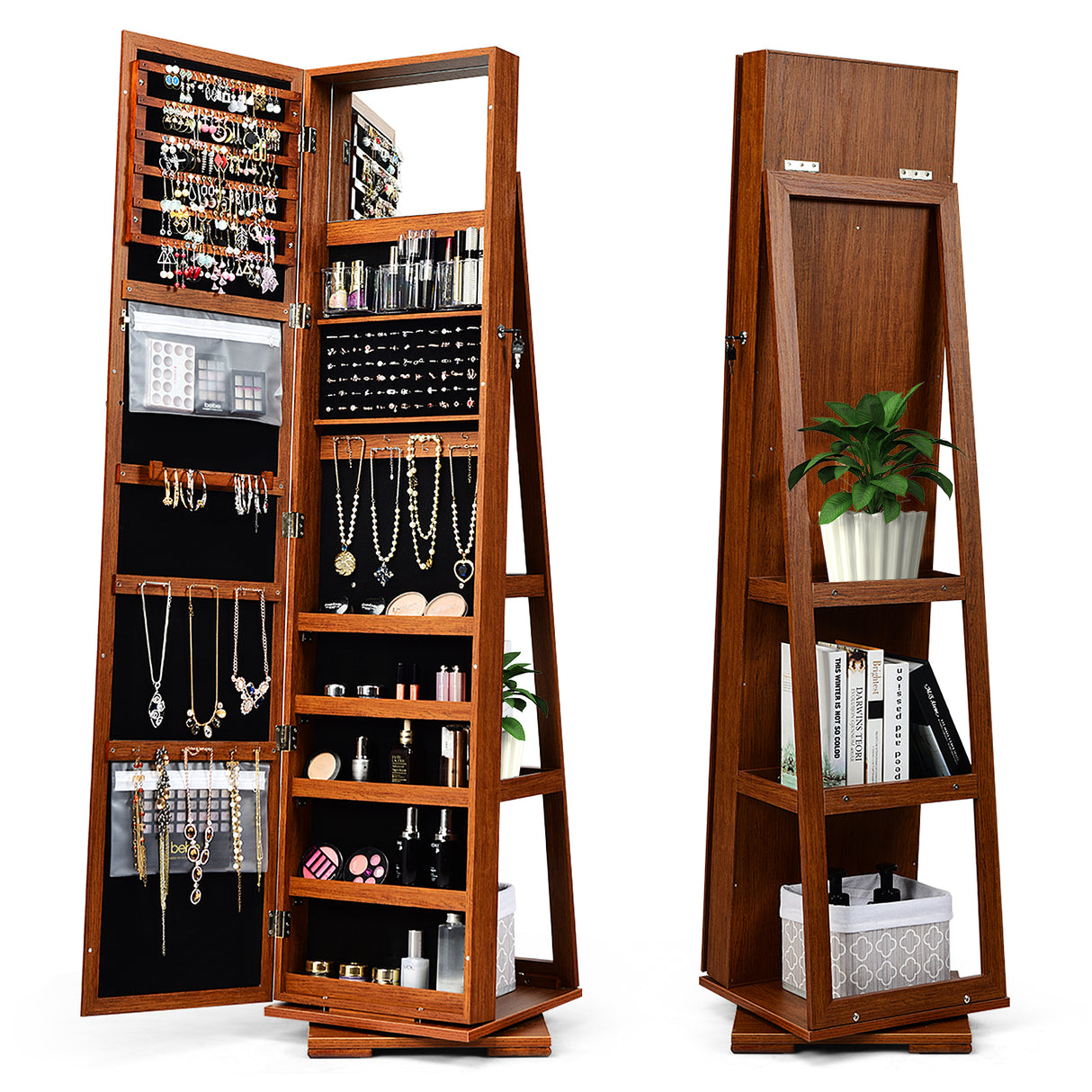 360 ° Rotatable 2-in-1 Lockable Jewelry Cabinet with Full-Length Mirror-Brown