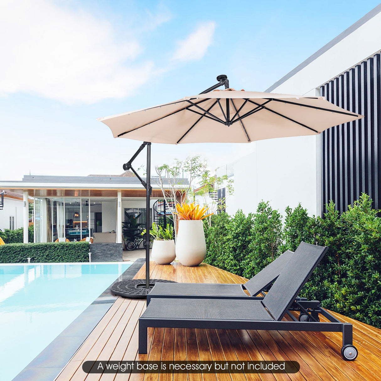 10 Feet Patio Solar Powered Cantilever Umbrella with Tilting System-Beige by DirectDeals