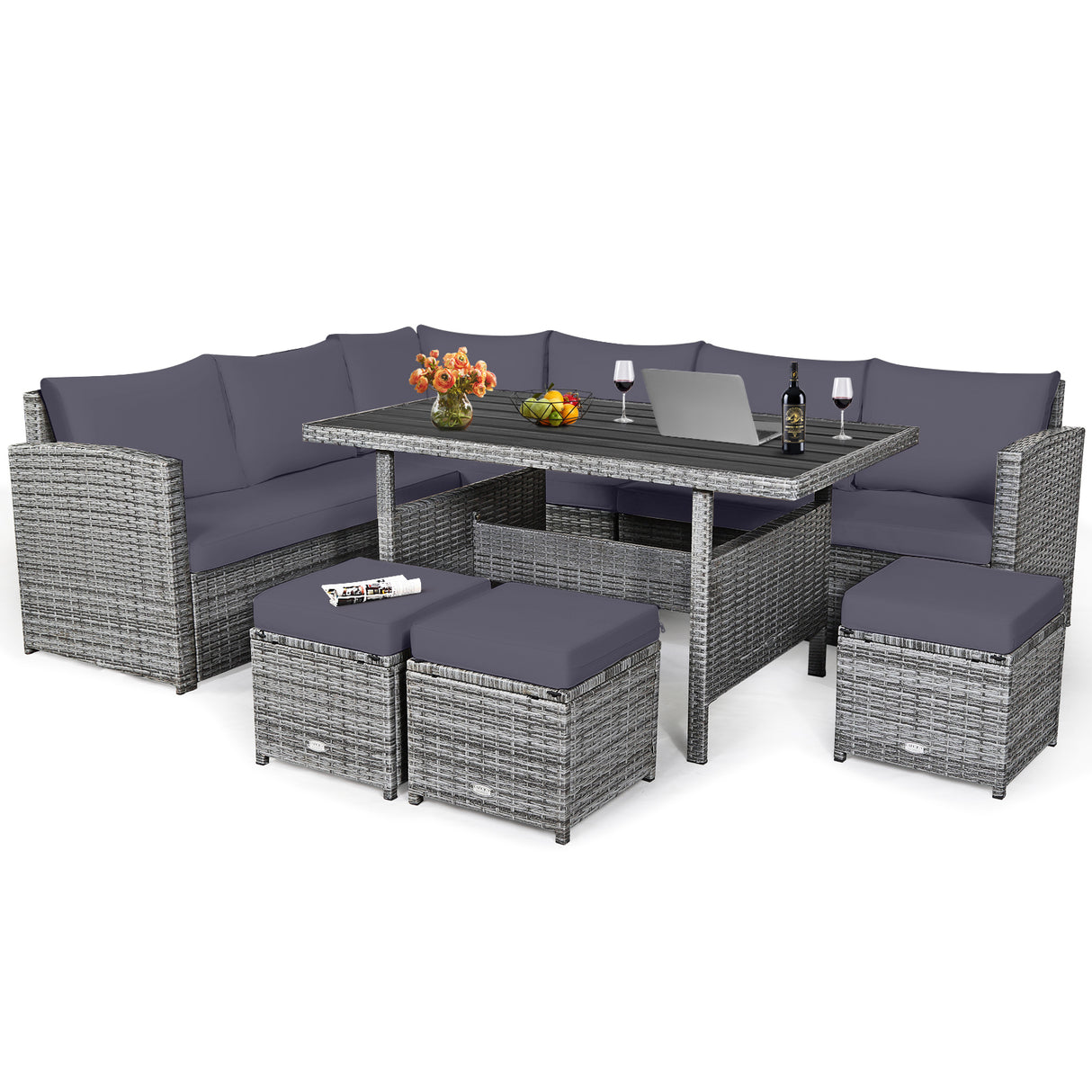 7 Pieces Patio Rattan Dining Furniture Sectional Sofa Set with Wicker Ottoman-Red