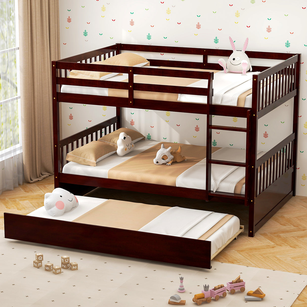 Full over Full Bunk Bed Platform Wood Bed with Ladder-White