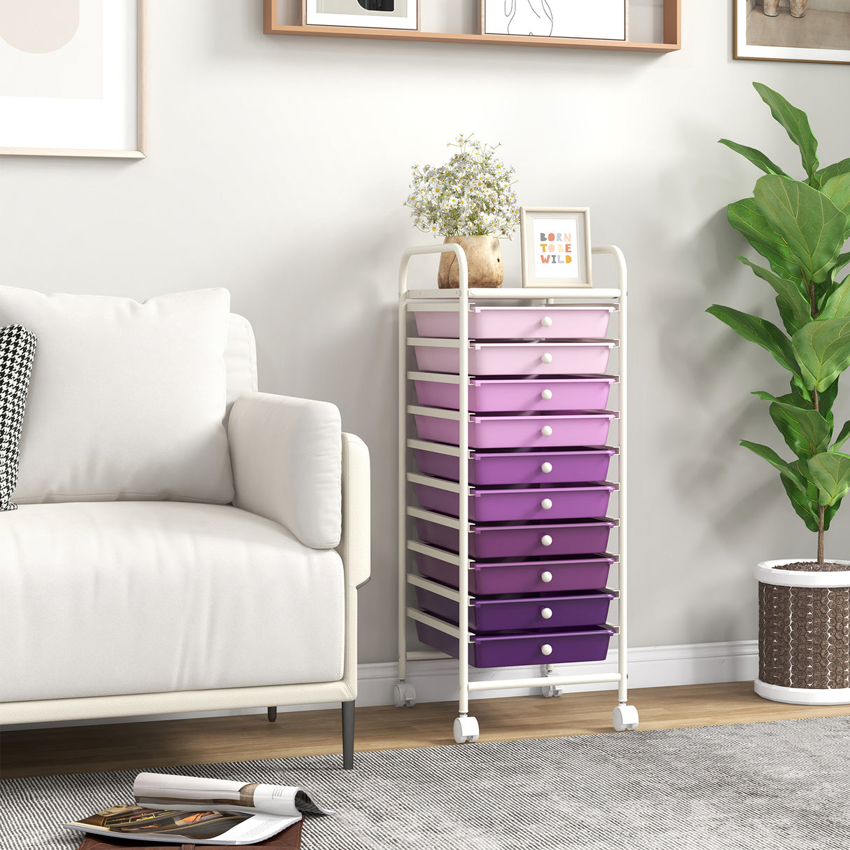 10 Drawer Rolling Storage Cart Organizer with 4 Universal Casters-Purple