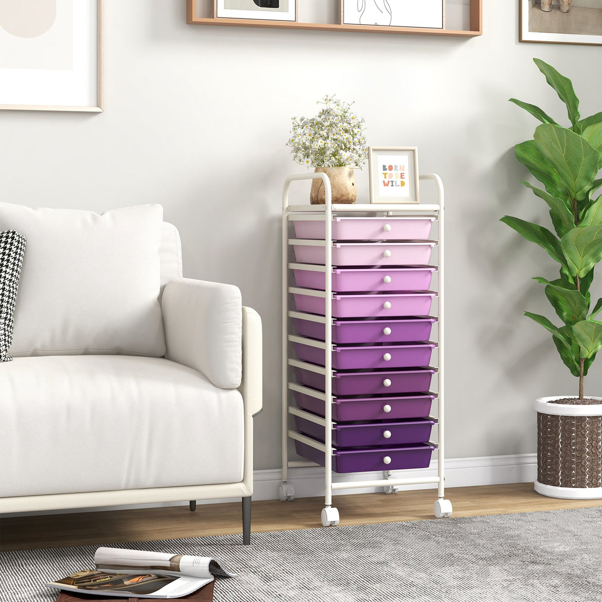 10 Drawer Rolling Storage Cart Organizer with 4 Universal Casters-Purple by DirectDeals