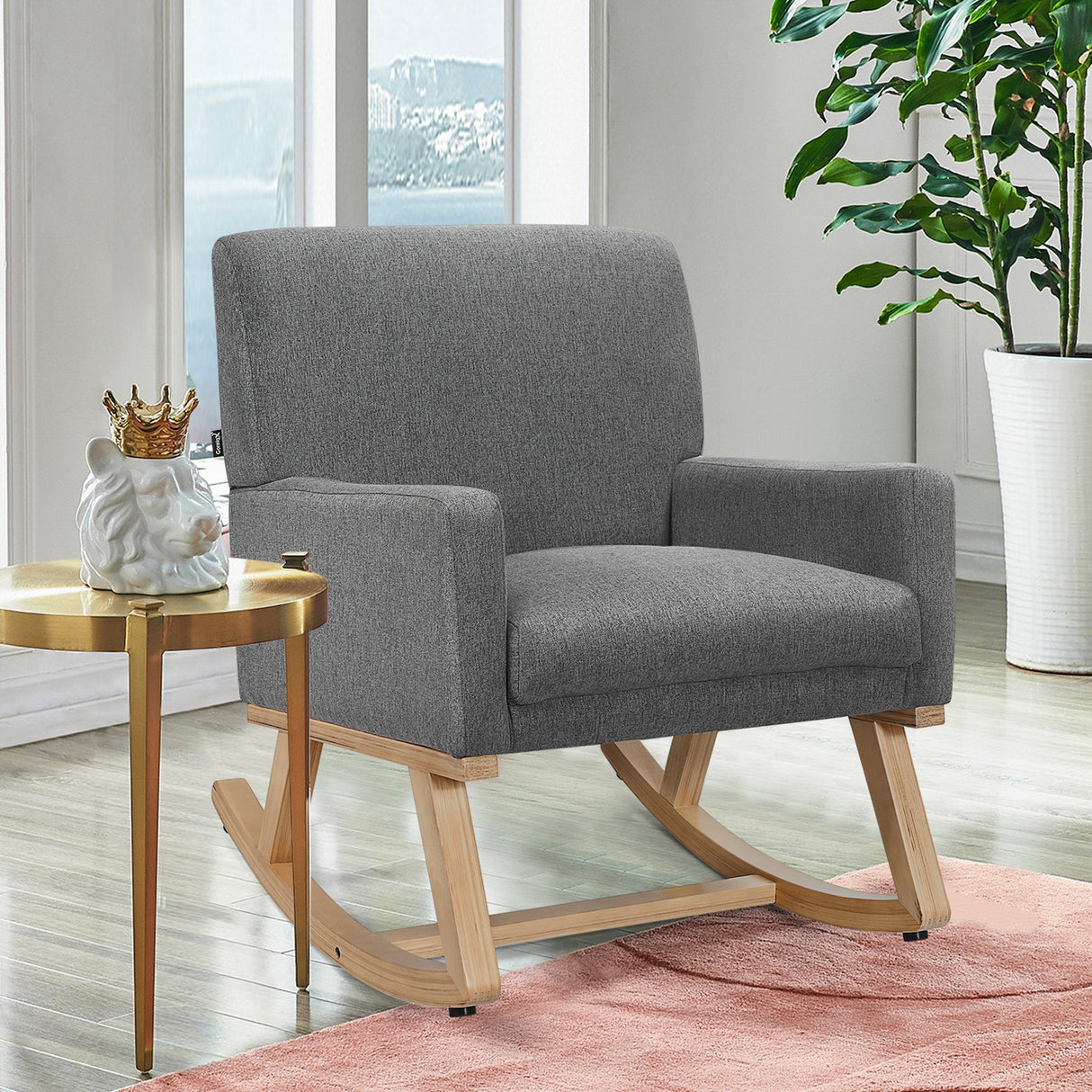 Upholstered Rocking Chair with and Solid Wood Base-Beige
