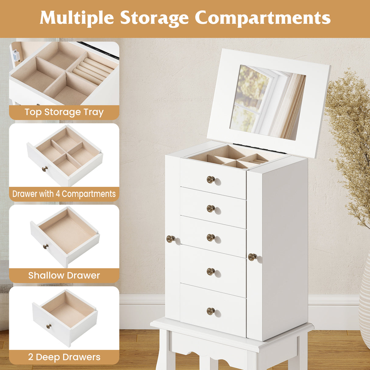2 Colors Armoire Storage Standing Jewelry Cabinet with Mirror-White