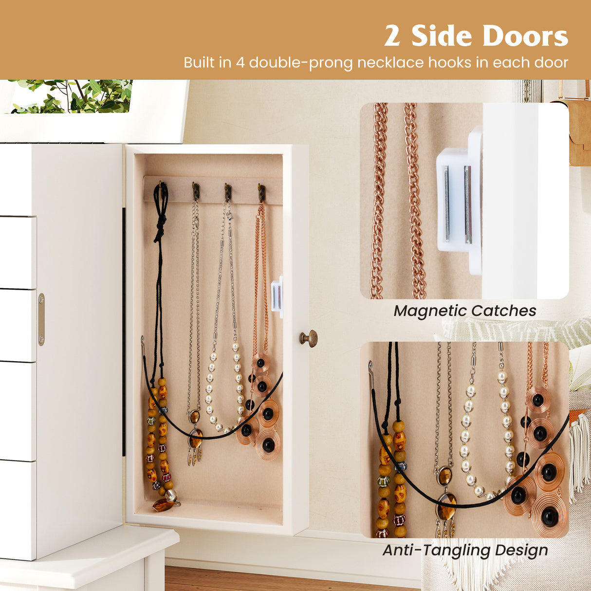 2 Colors Armoire Storage Standing Jewelry Cabinet with Mirror-White