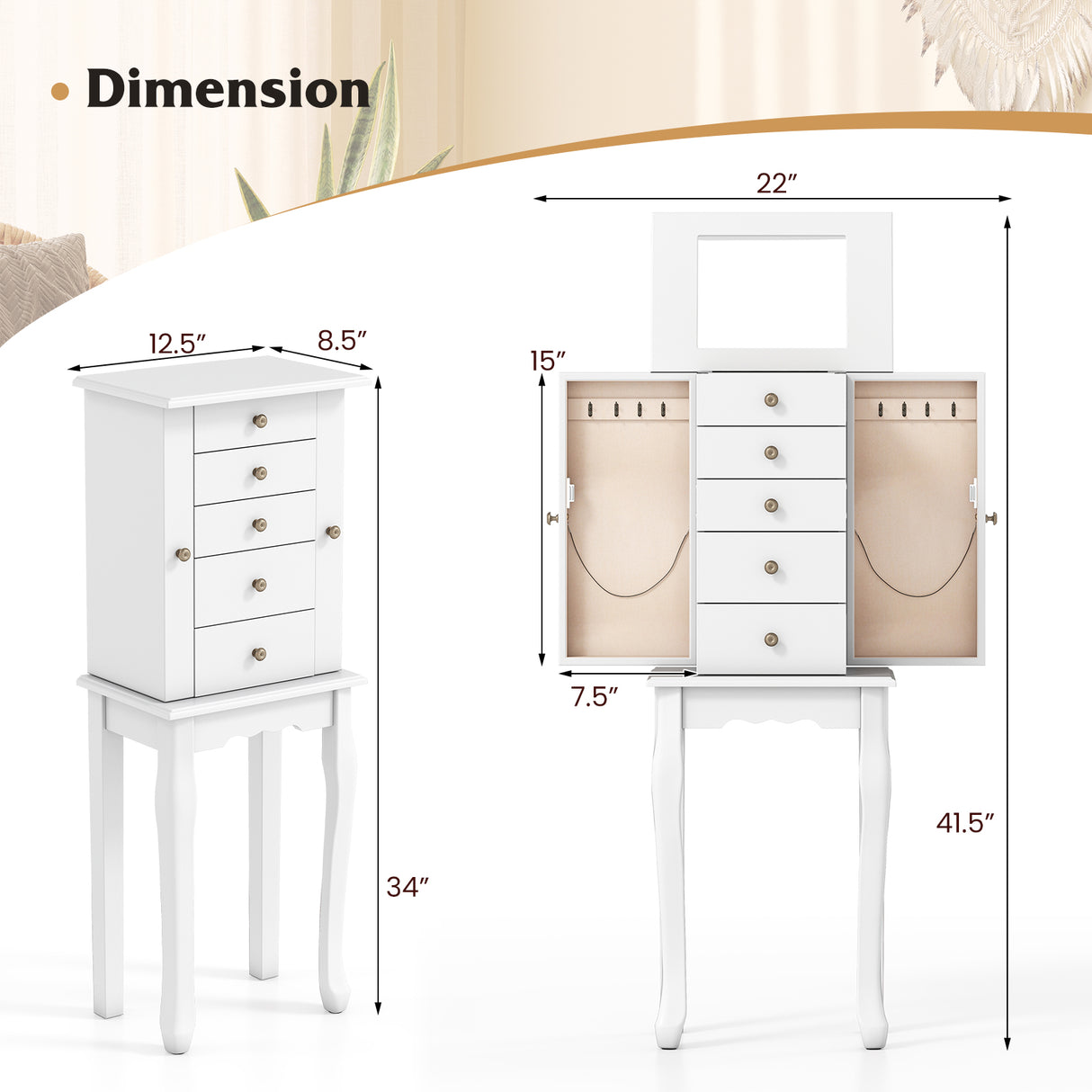 2 Colors Armoire Storage Standing Jewelry Cabinet with Mirror-White