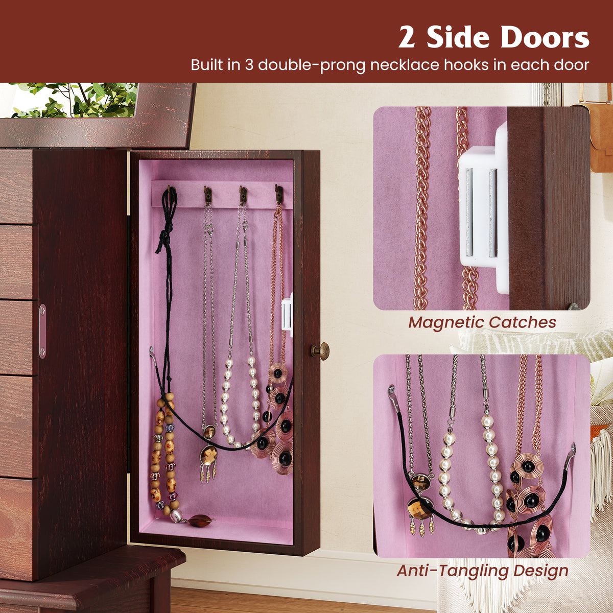 2 Colors Armoire Storage Standing Jewelry Cabinet with Mirror-Brown