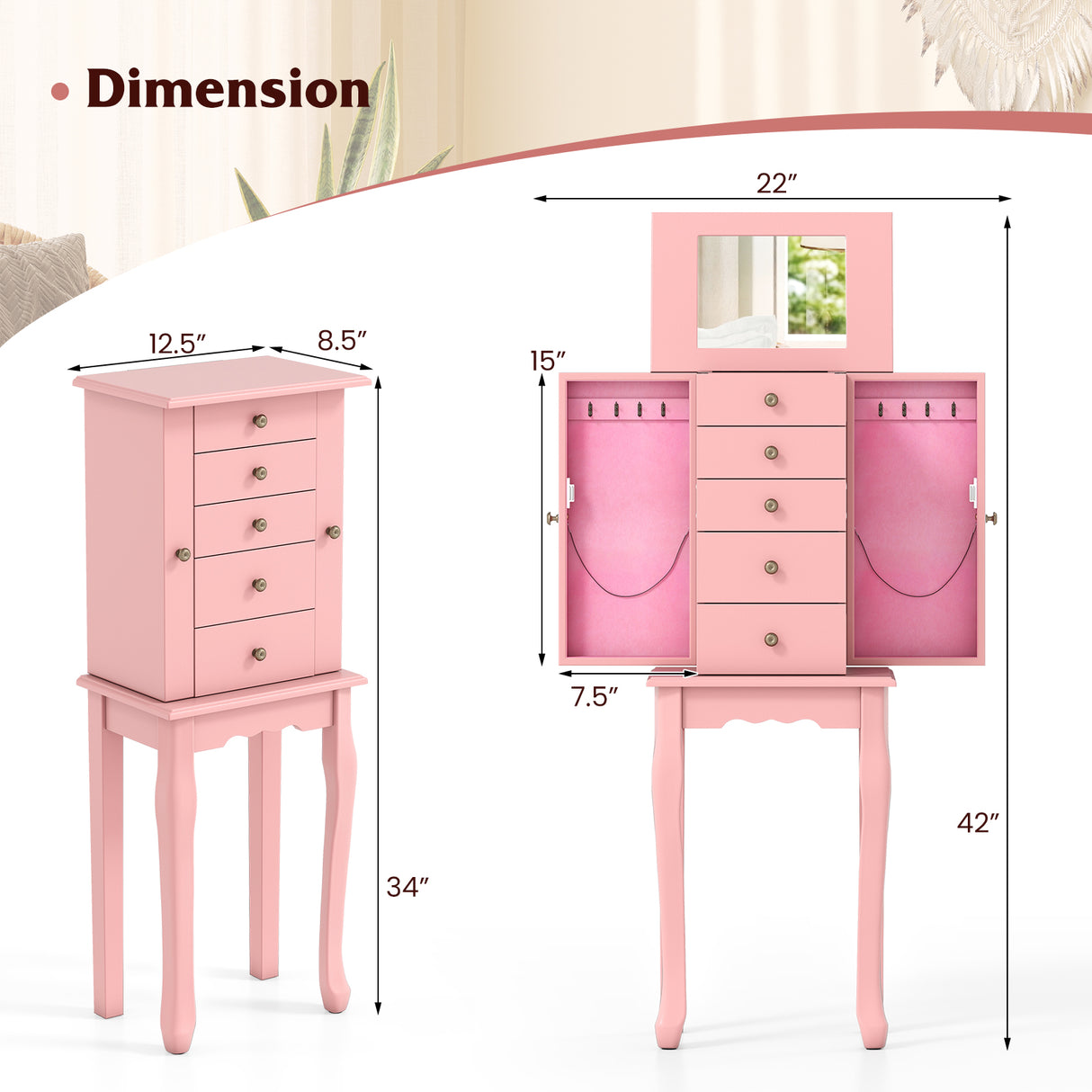 2 Colors Armoire Storage Standing Jewelry Cabinet with Mirror-Pink