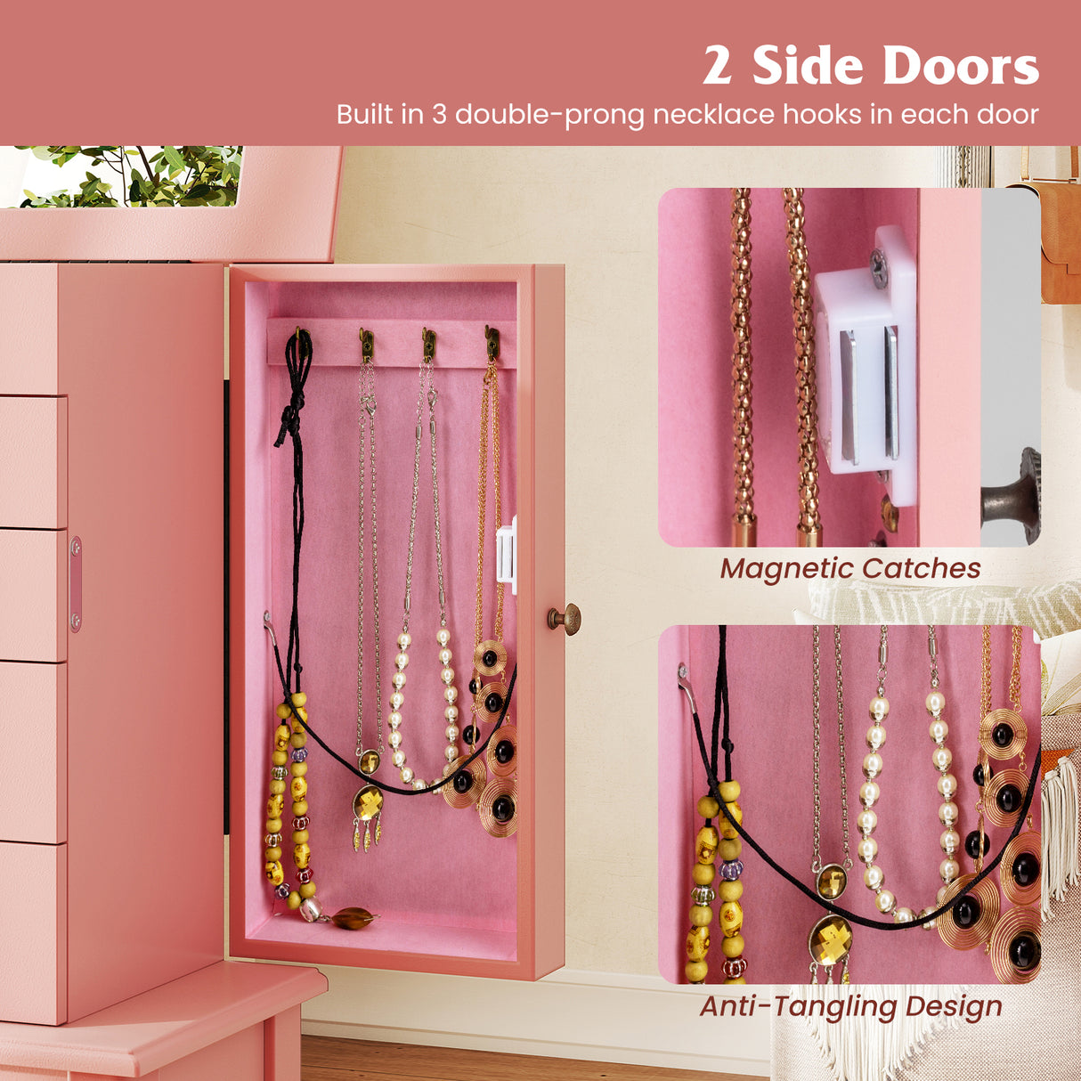 2 Colors Armoire Storage Standing Jewelry Cabinet with Mirror-Pink