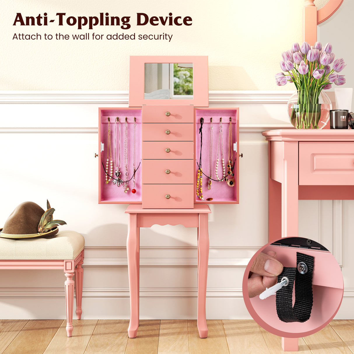 2 Colors Armoire Storage Standing Jewelry Cabinet with Mirror-Pink