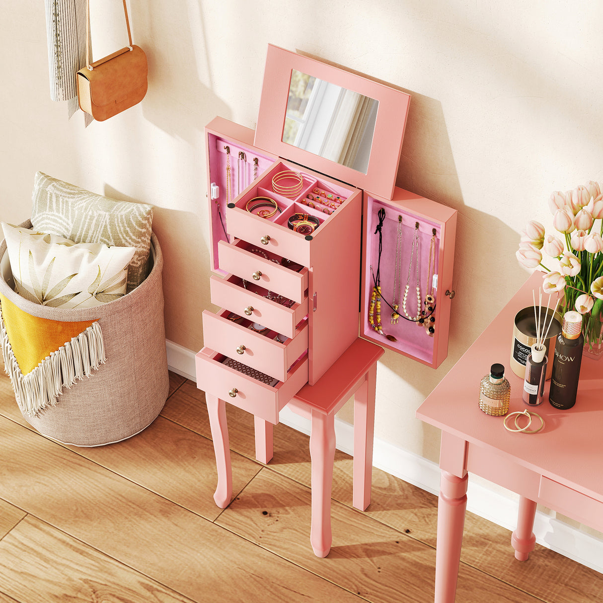 2 Colors Armoire Storage Standing Jewelry Cabinet with Mirror-Pink