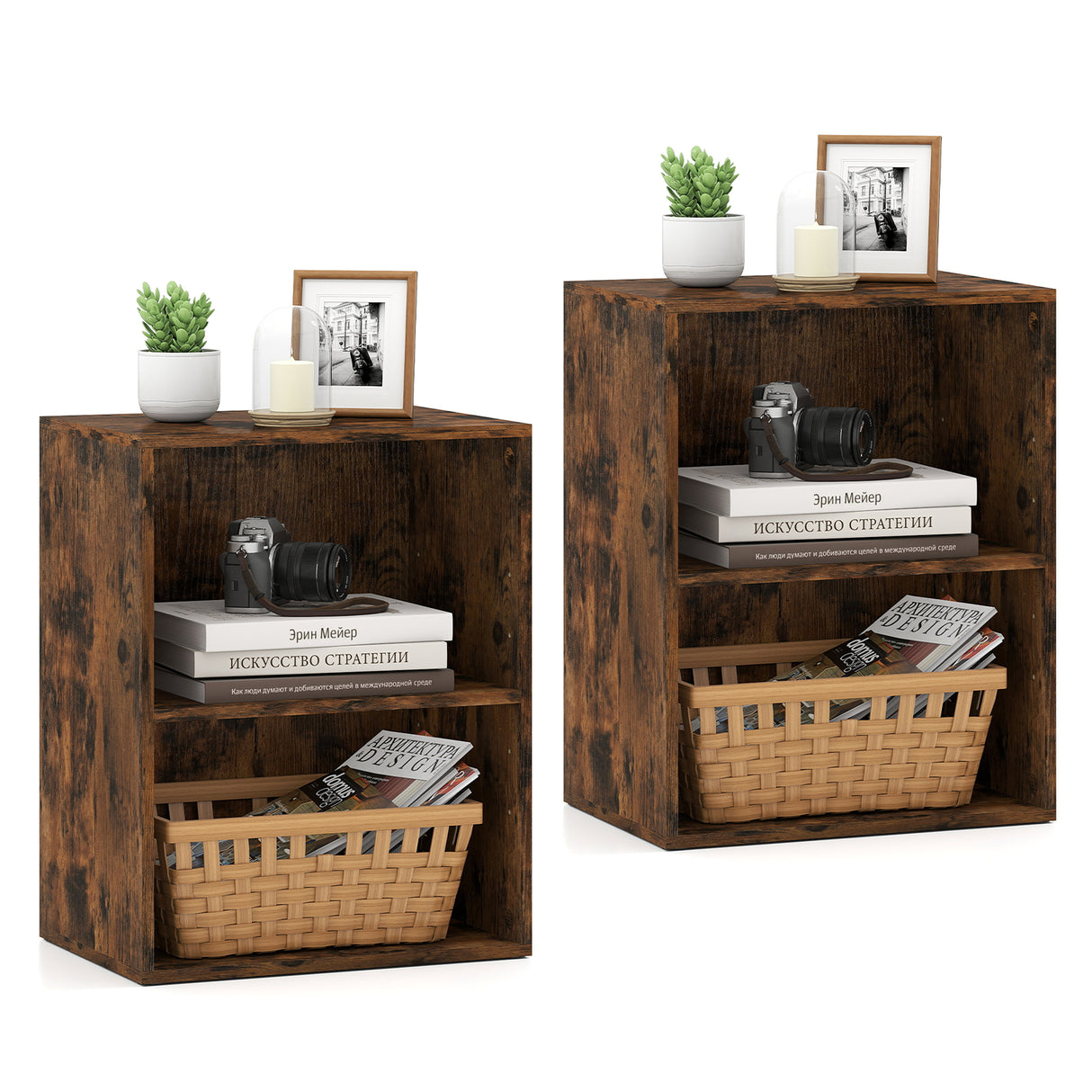 2-Cube Bookcase Set of 2 Floor Standing Open Bookshelf w/ 5-Position Adjustable Shelf-Brown