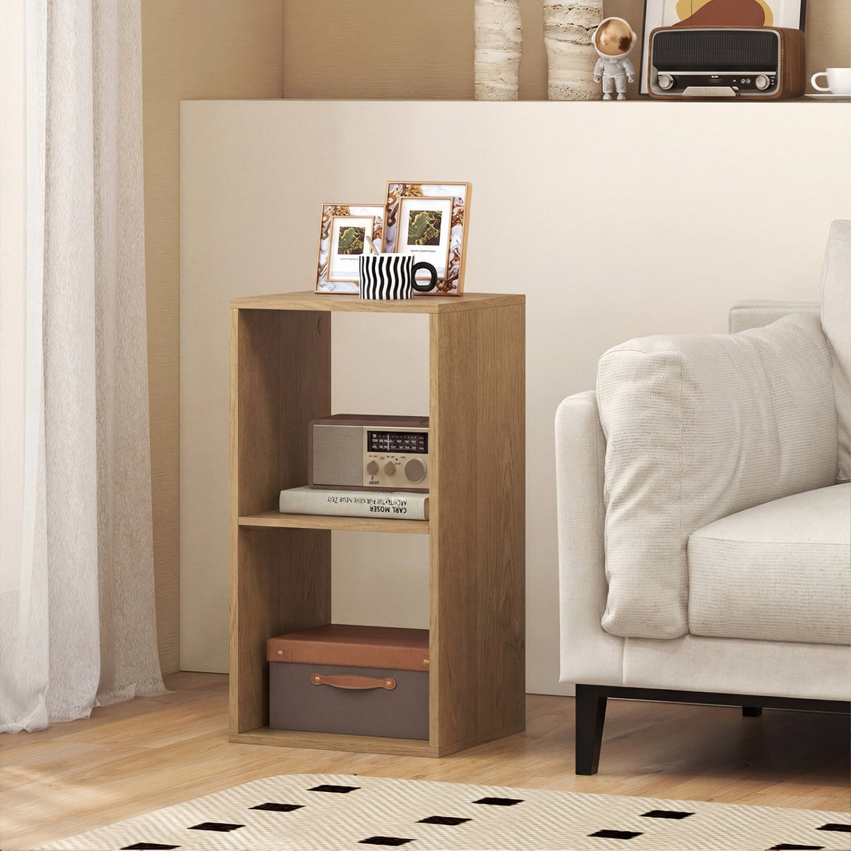 2 Cube Bookshelf with Back Guardrail for Living Room Bedroom-Natural