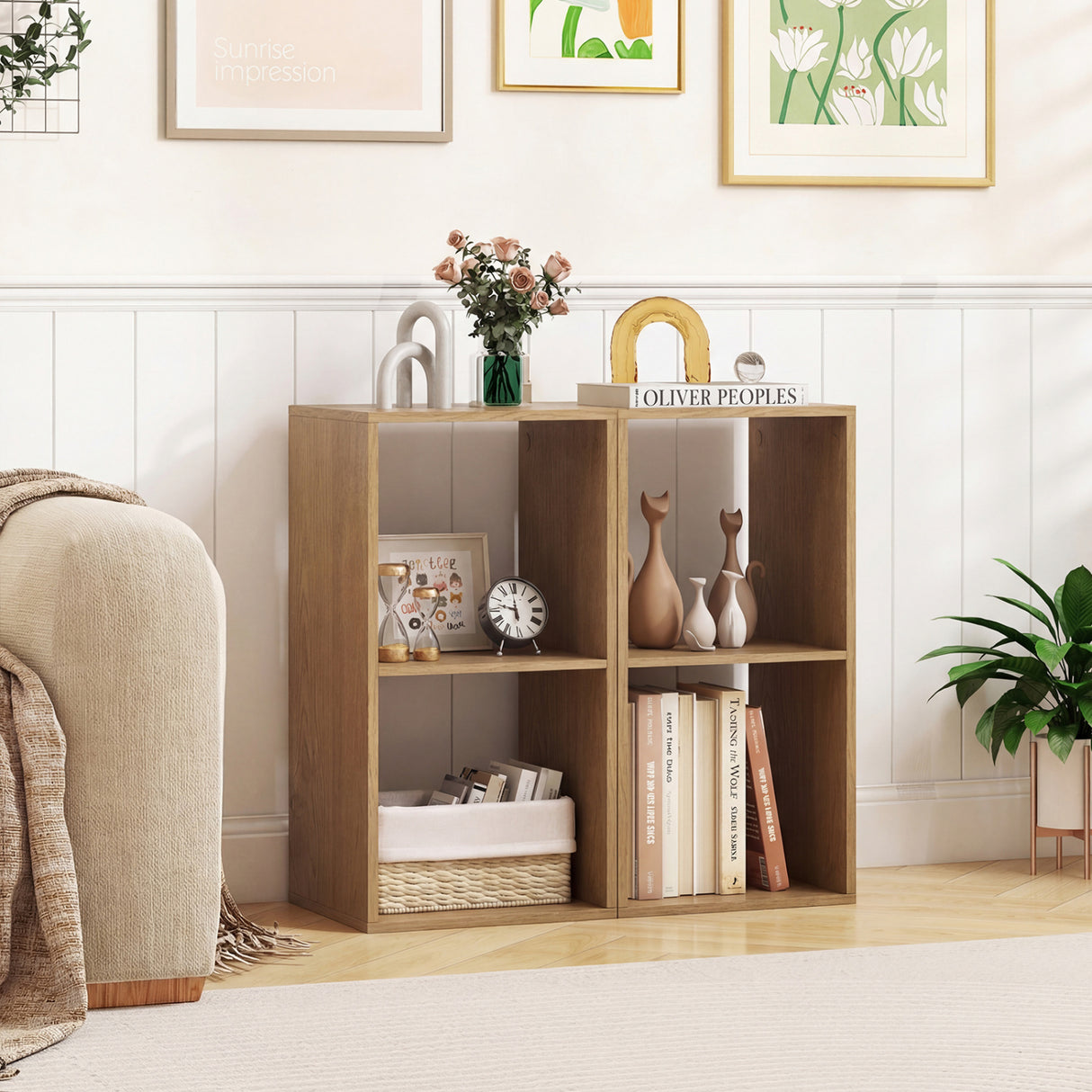 2 Cube Bookshelf with Back Guardrail for Living Room Bedroom-Natural