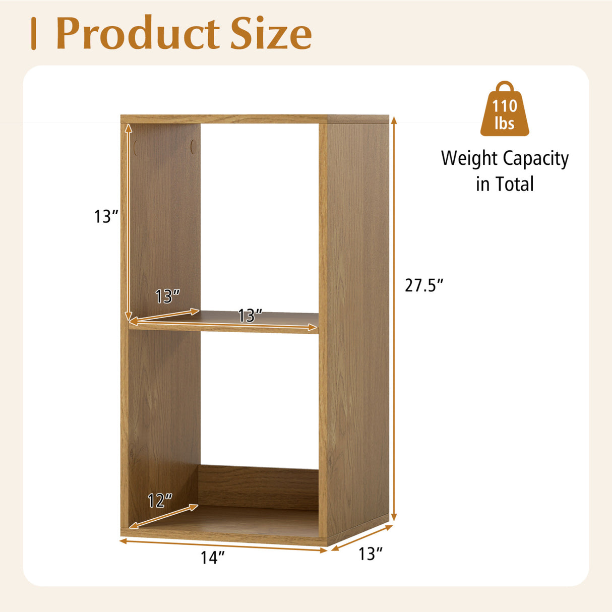 2 Cube Bookshelf with Back Guardrail for Living Room Bedroom-Natural