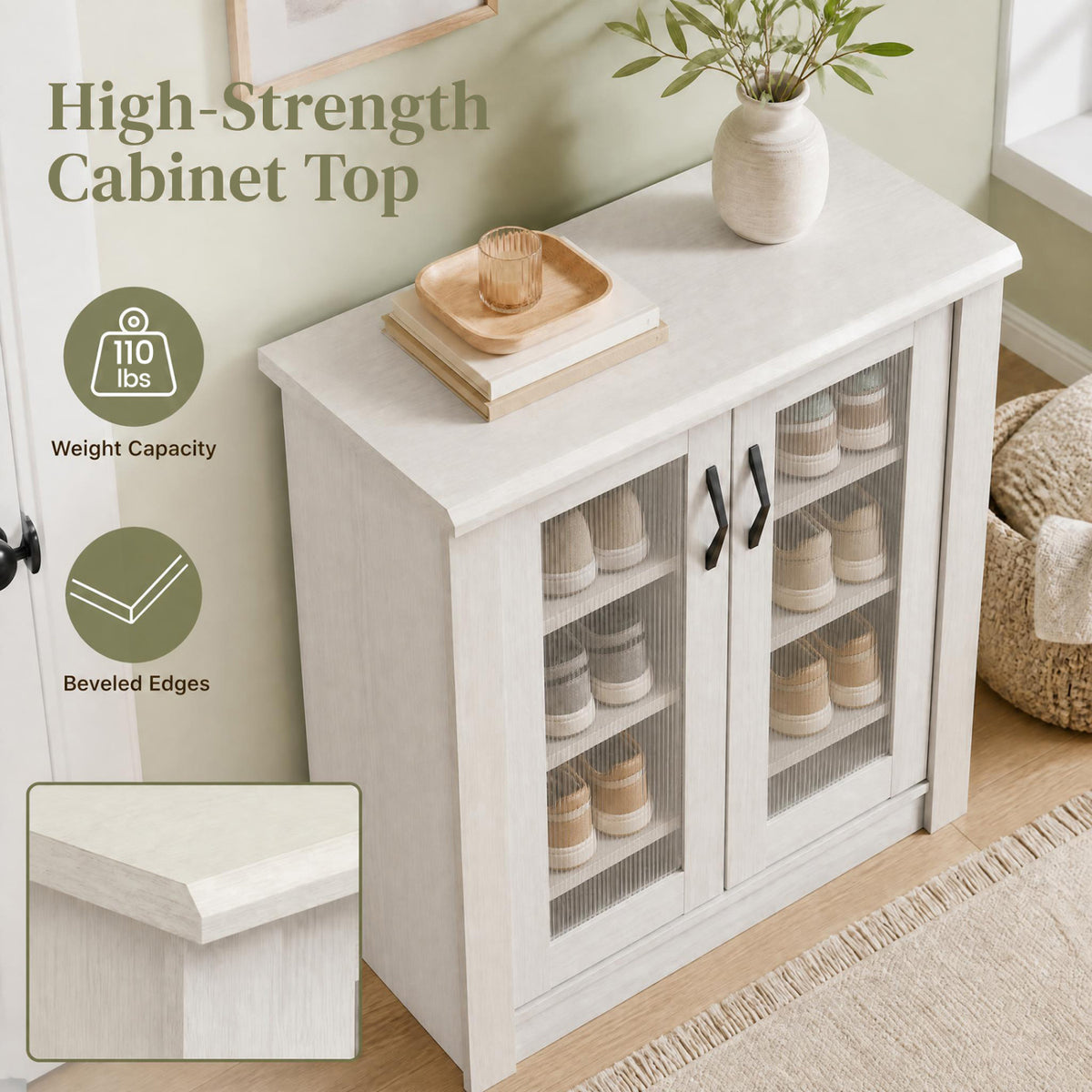 2-Door Shoe Cabinet with Removable Shelves Wooden Shoe Storage Organizer-White