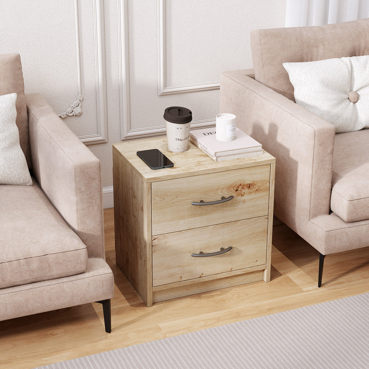 2 Drawer Nightstand with Storage for Living Room-Oak