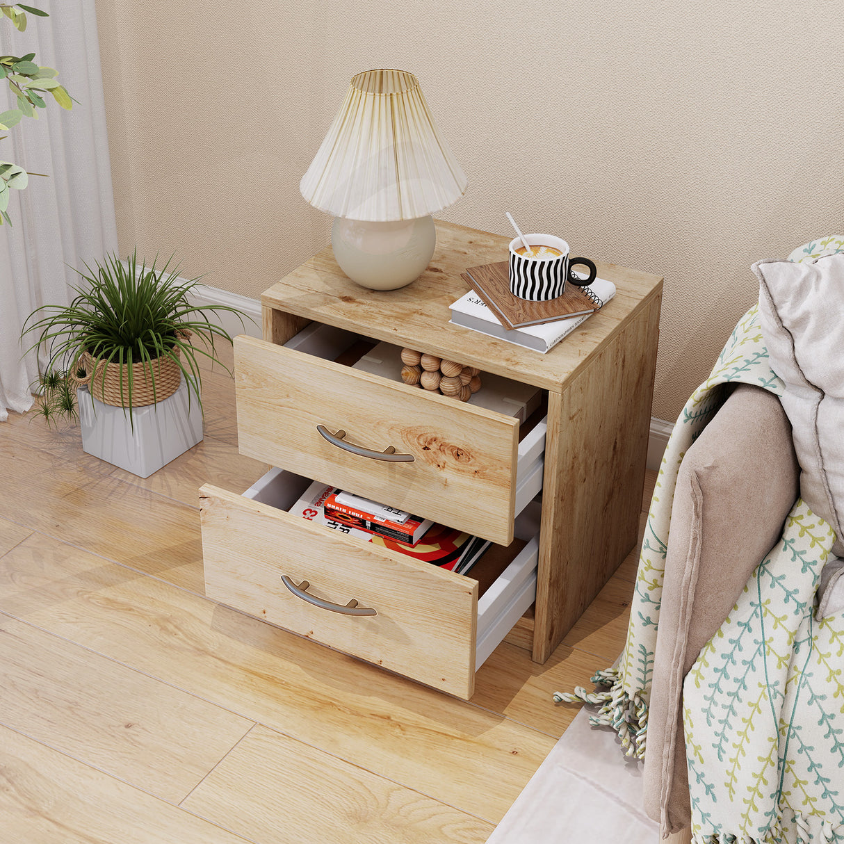 2 Drawer Nightstand with Storage for Living Room-Oak