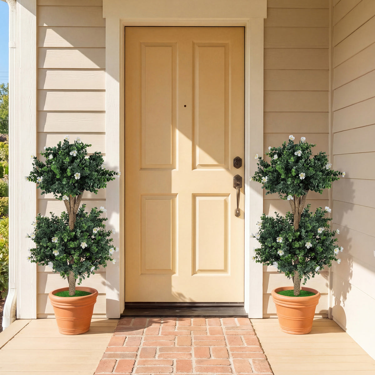 2 Pack 36" Artificial Double Ball Boxwood Topiary Tree with 41 Blossoms-White