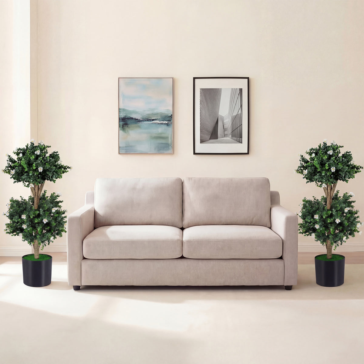2 Pack 36" Artificial Double Ball Boxwood Topiary Tree with 41 Blossoms-White