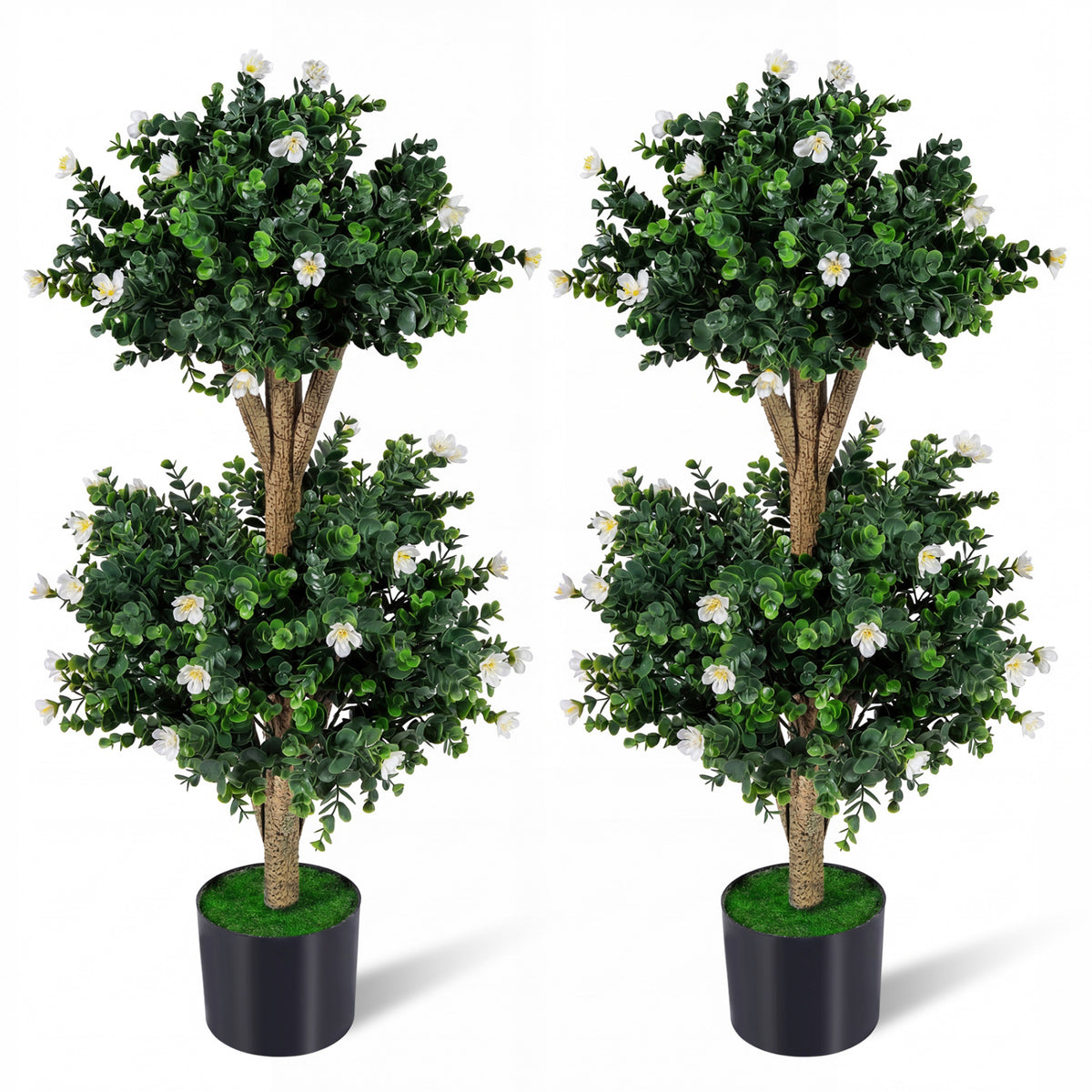 2 Pack 36" Artificial Double Ball Boxwood Topiary Tree with 41 Blossoms-White