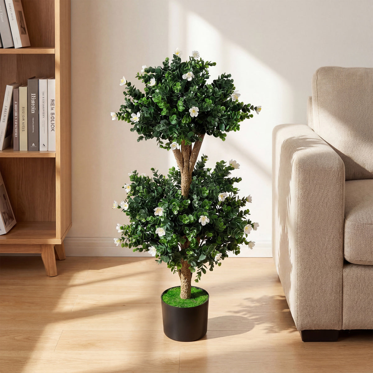 2 Pack 36" Artificial Double Ball Boxwood Topiary Tree with 41 Blossoms-White