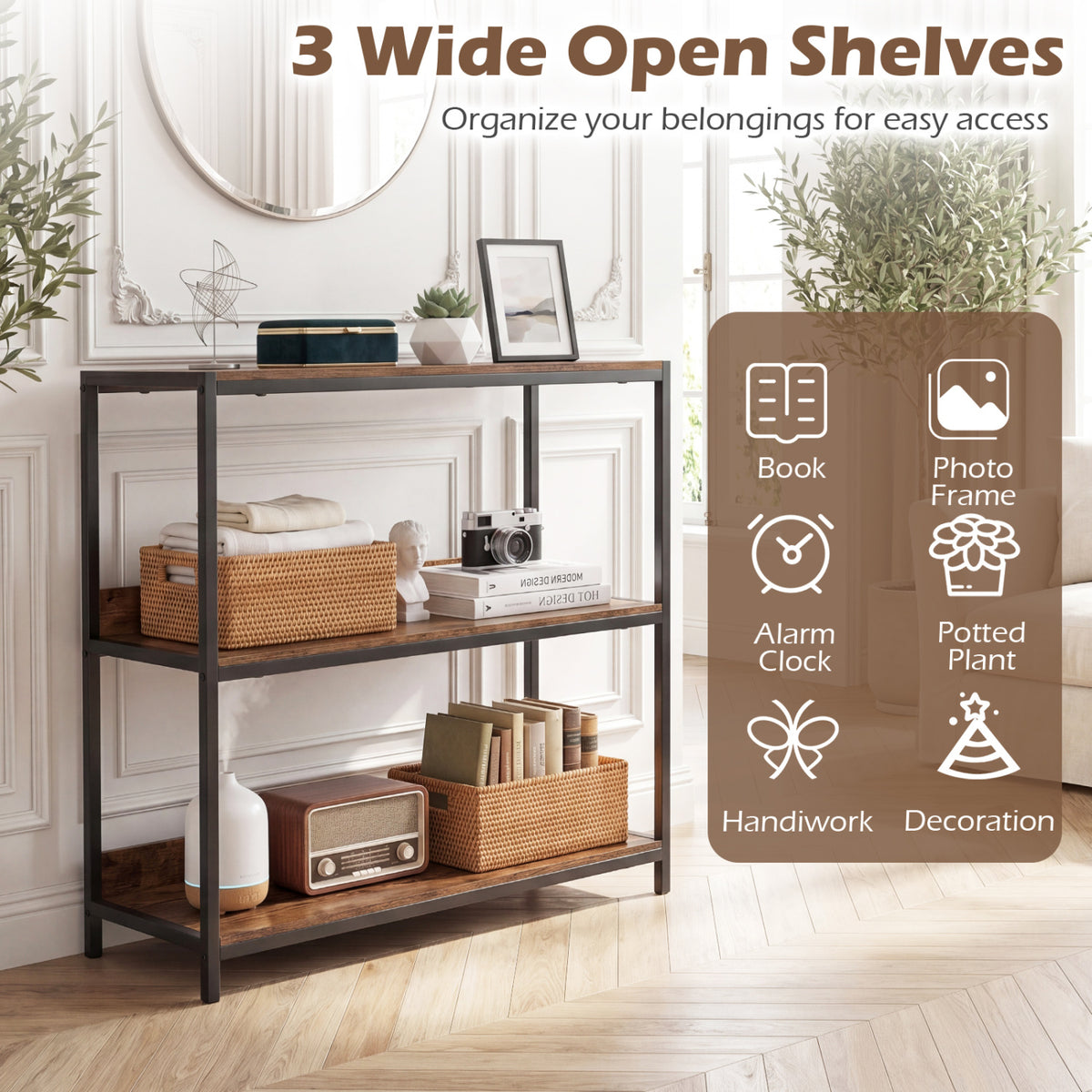 2-Pack 3-Tier Industrial Bookshelf with Metal Frame-Rustic Brown
