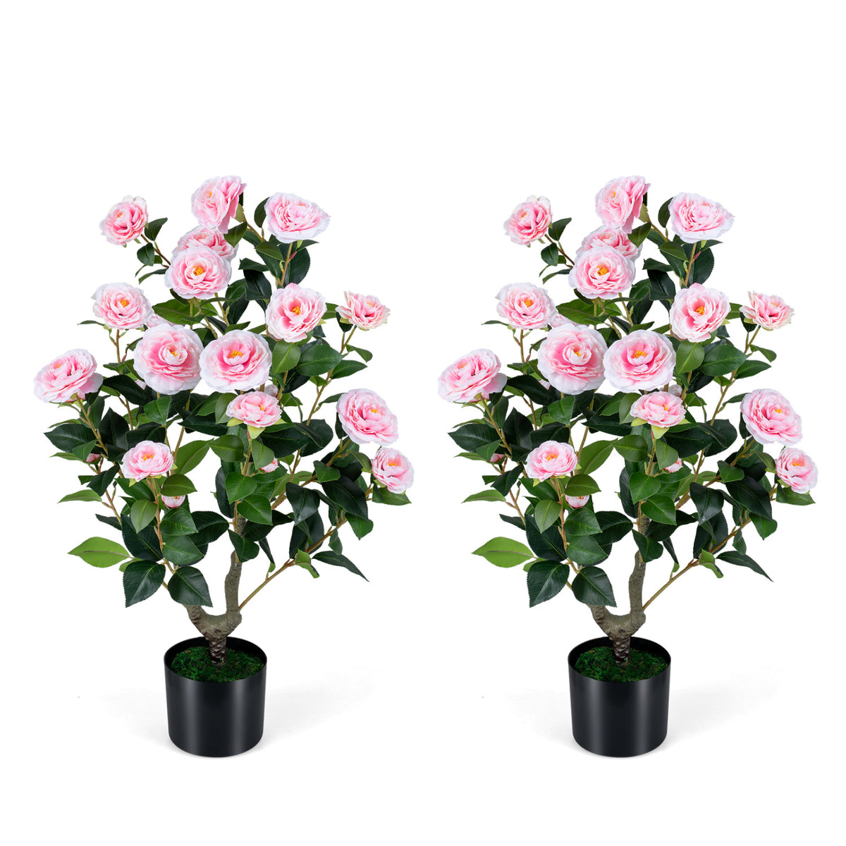 2-Pack Artificial Camellia Tree Faux Flower Plant in Cement-Filled Pot-Pink