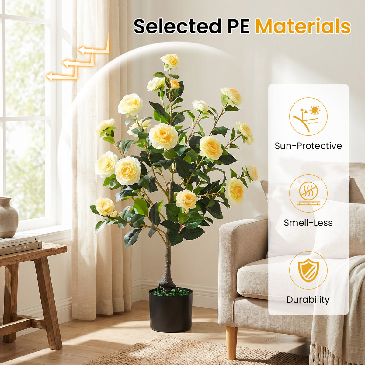 2-Pack Artificial Camellia Tree Faux Flower Plant in Cement-Filled Pot-Yellow