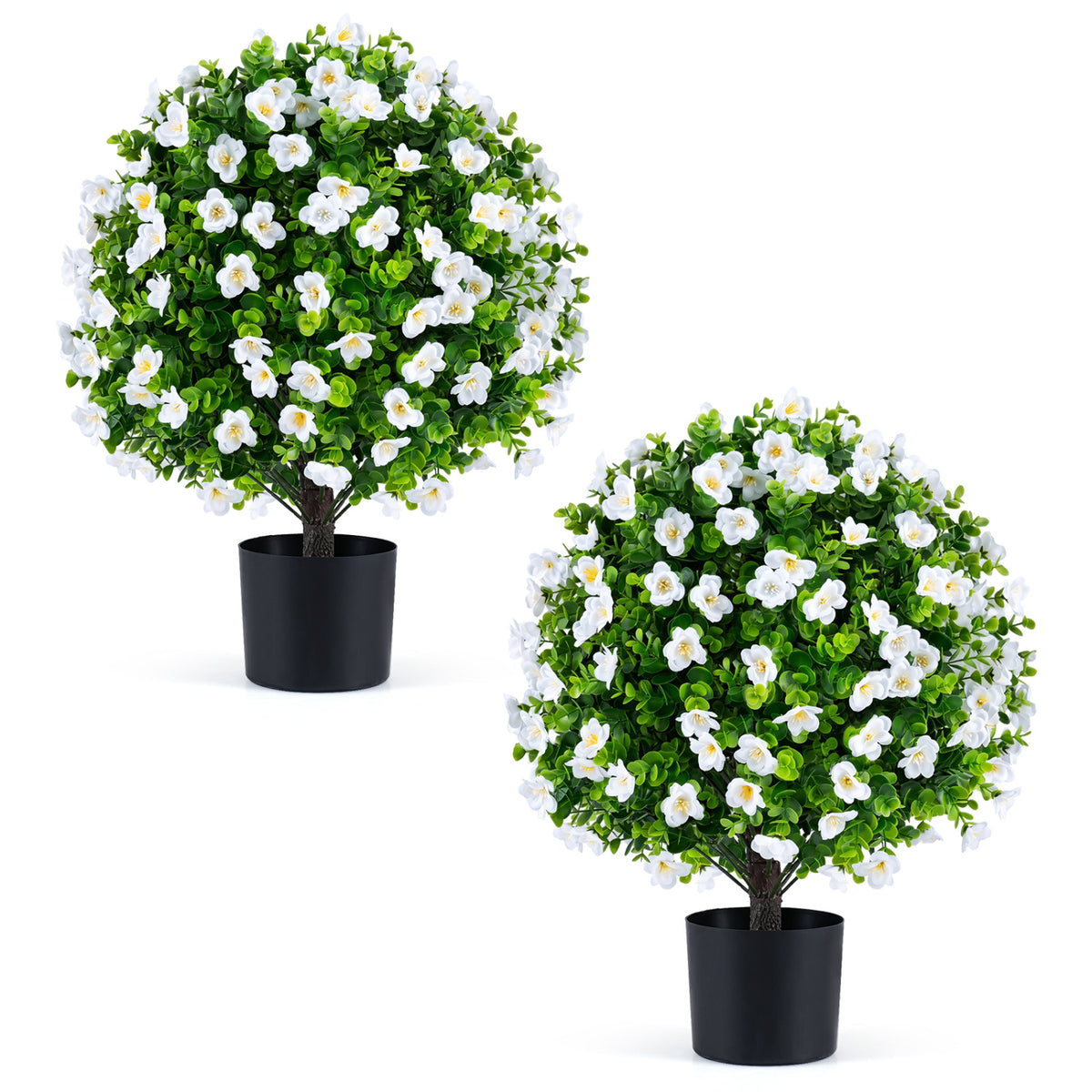 2 Pack Artificial Eucalyptus Topiary Trees with Flowers and Cement Planter for Home-White