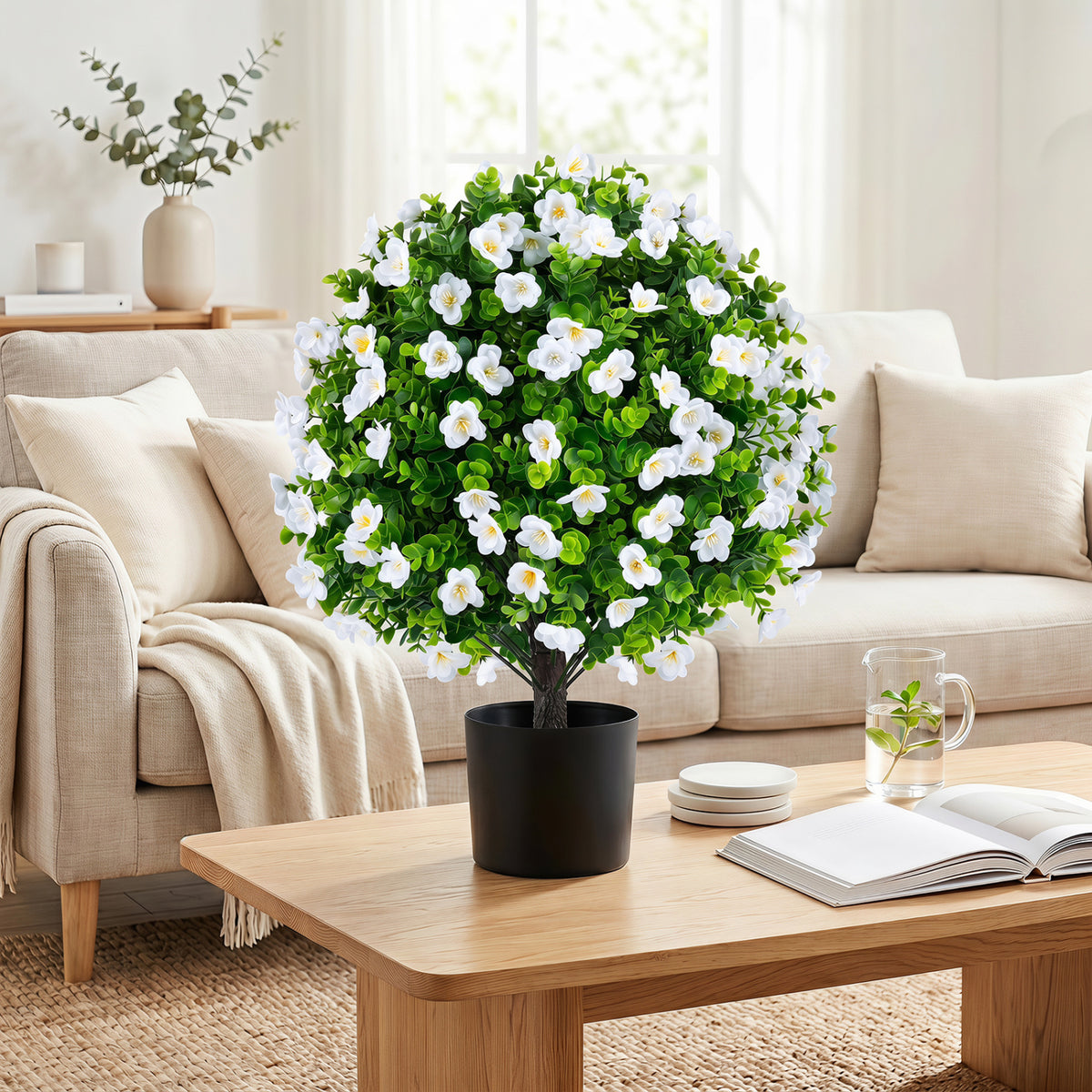2 Pack Artificial Eucalyptus Topiary Trees with Flowers and Cement Planter for Home-White