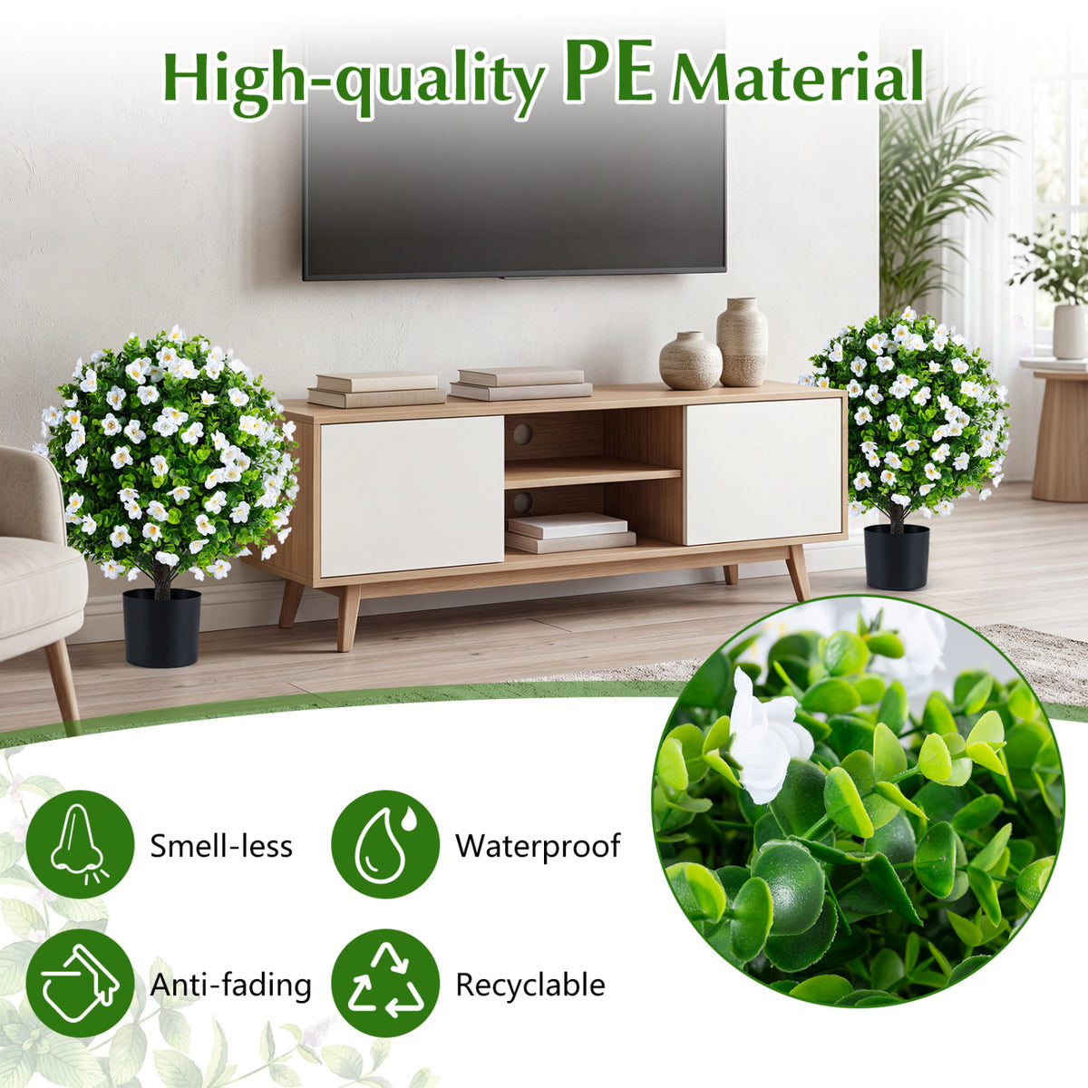 2 Pack Artificial Eucalyptus Topiary Trees with Flowers and Cement Planter for Home-White