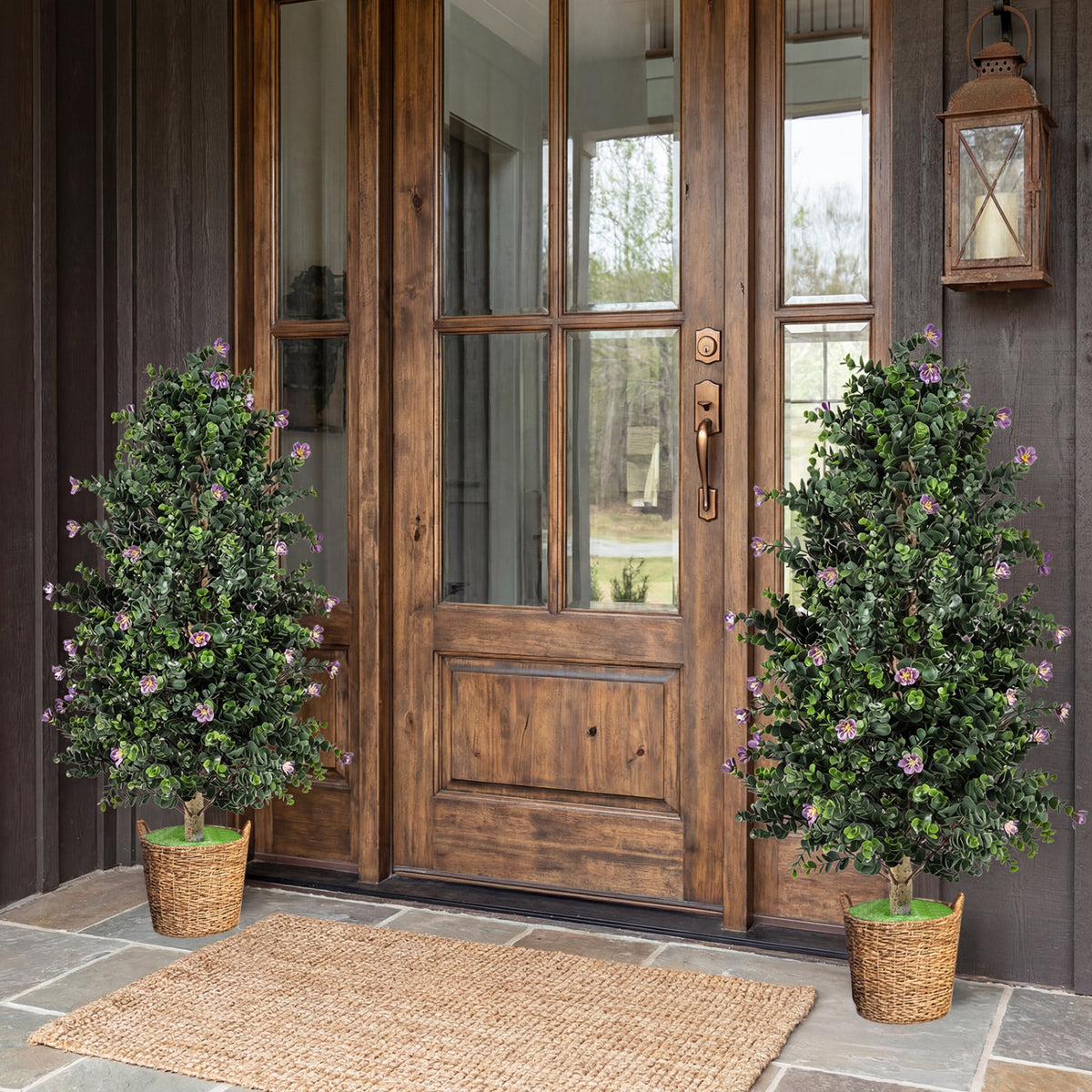 2 Pack Artificial Topiary Cone Tree Faux Potted Shrub Plant with 49 Flowers-purple