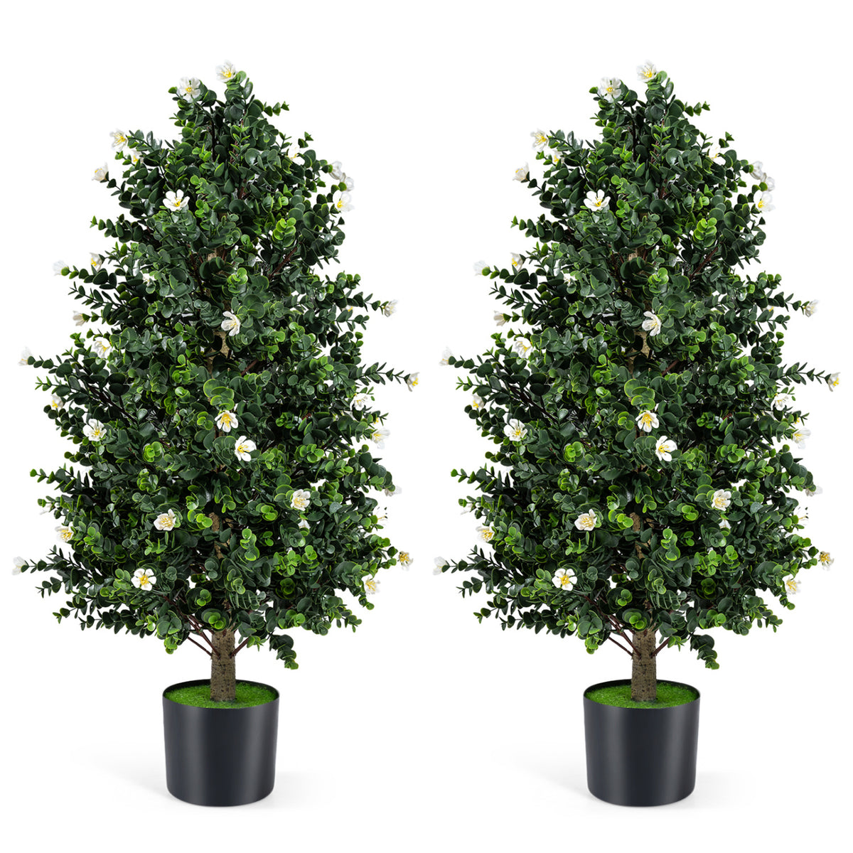 2 Pack Artificial Topiary Cone Tree Faux Potted Shrub Plant with 49 Flowers-White