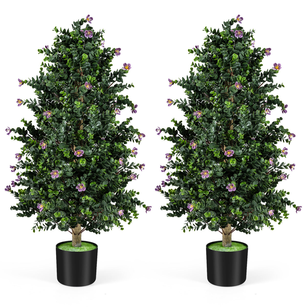 2 Pack Artificial Topiary Cone Tree Faux Potted Shrub Plant with 49 Flowers-purple
