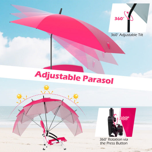 2 Pack Beach Umbrella Chair for Adults with Adjustable Parasol-Pink
